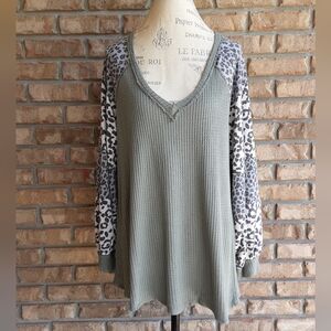 White Birch Green Ribbed Waffle Knit Tunic with Leopard Accents..